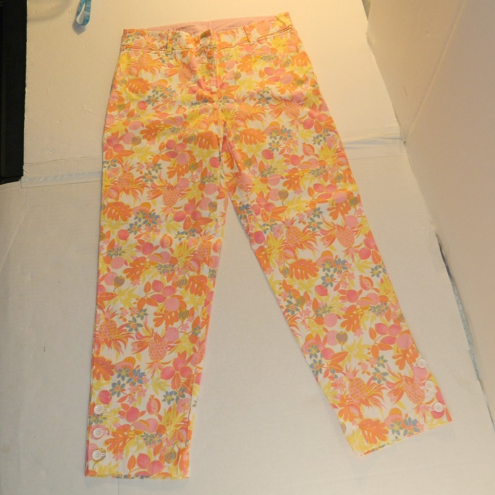 Talbots Perfect Crop Pants Women 4 Orange Pink Yellow Tropical Fruit Floral Hem